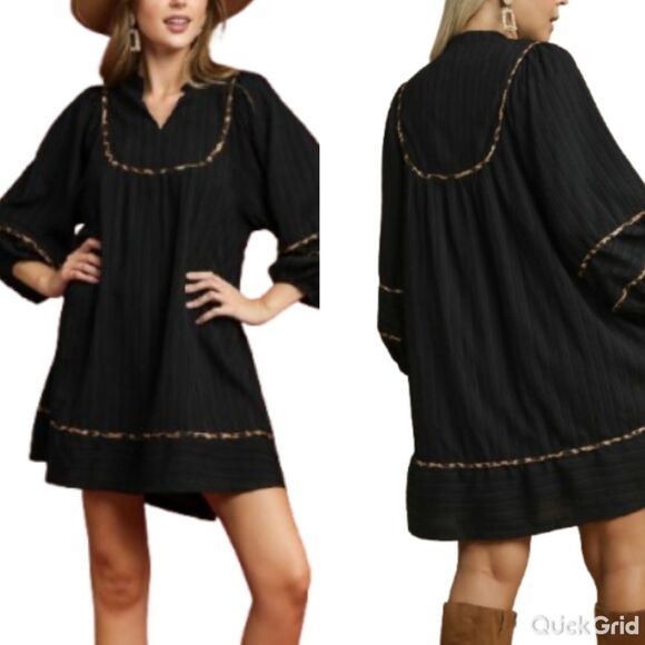 Umgee USA Umgee Ribbed Oversized Babydoll Dress Leopard Trim Sz  Md [6/8] - Picture 2 of 12